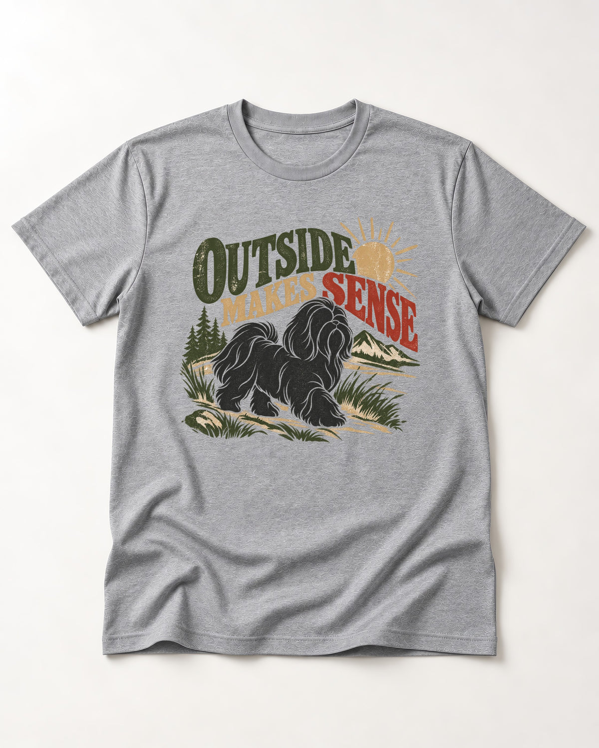 Shih Tzu Outside Makes Sense Mountain Trail Graphic T-Shirt in Sport Grey, flat lay product photo