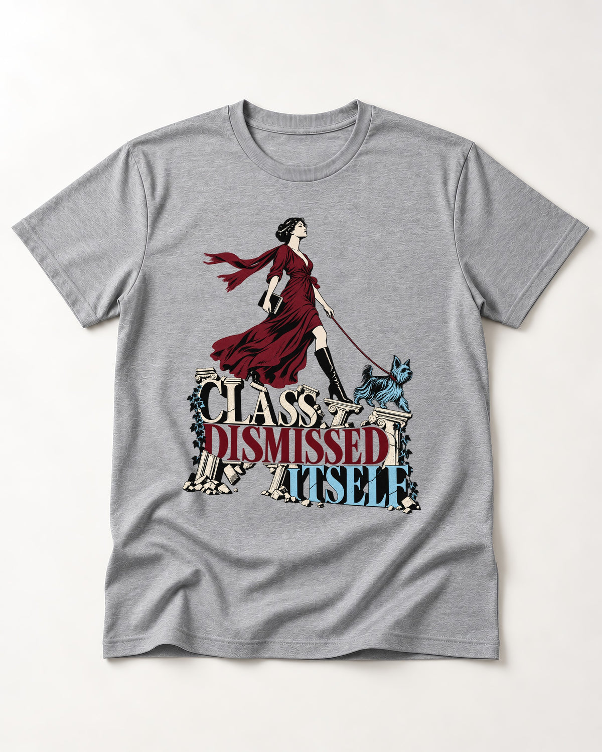 Class Dismissed Itself Yorkshire Terrier T-Shirt in Sport Grey, flat lay product photo