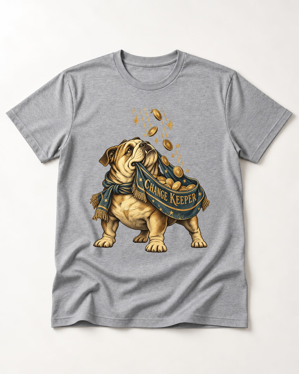 English Bulldog Change Keeper Coin Scarf Graphic T-Shirt in Sport Grey, flat lay product photo