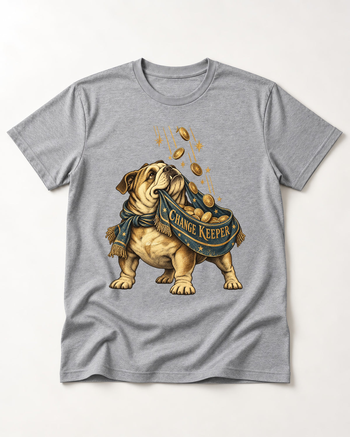 English Bulldog Change Keeper Coin Scarf Graphic T-Shirt in Sport Grey, flat lay product photo