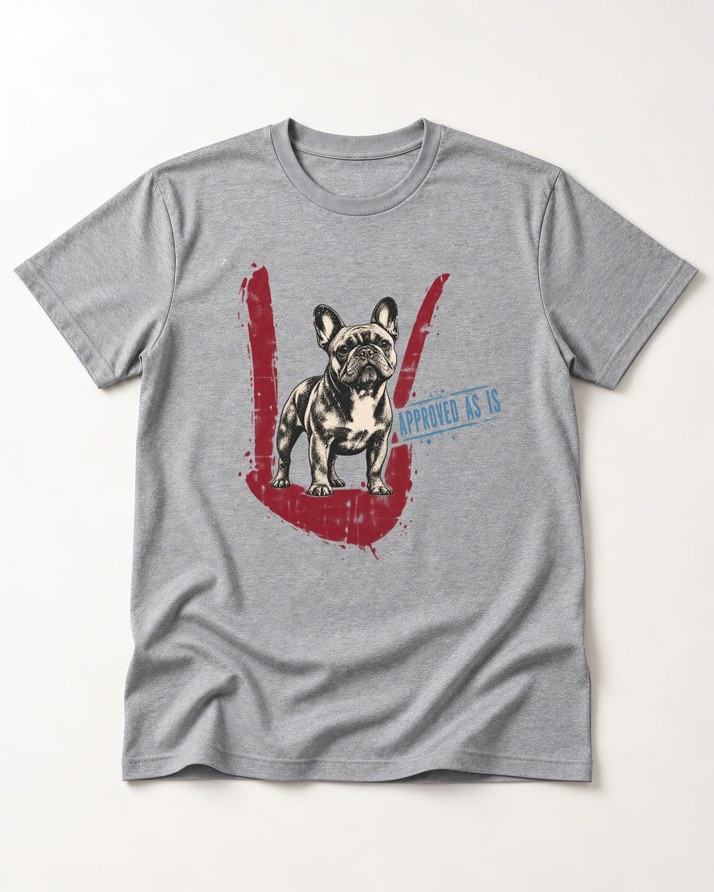 Frenchie Approved As Is Check Mark Graphic T-Shirt in Sport Grey, flat lay product photo