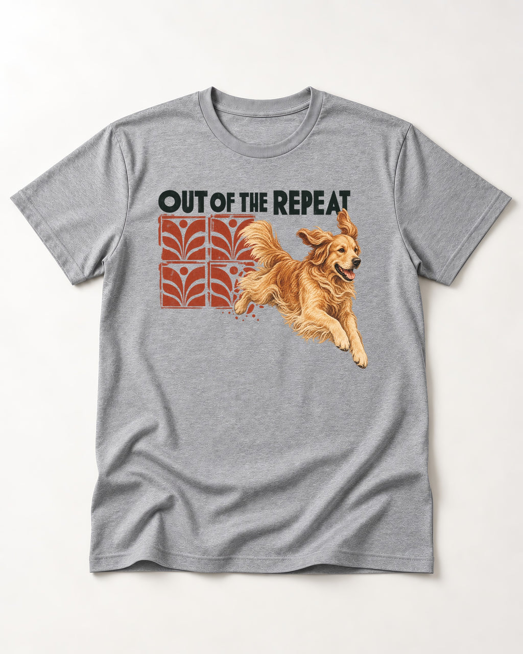 Golden Retriever Out of the Repeat T-Shirt in Sport Grey, flat lay product photo