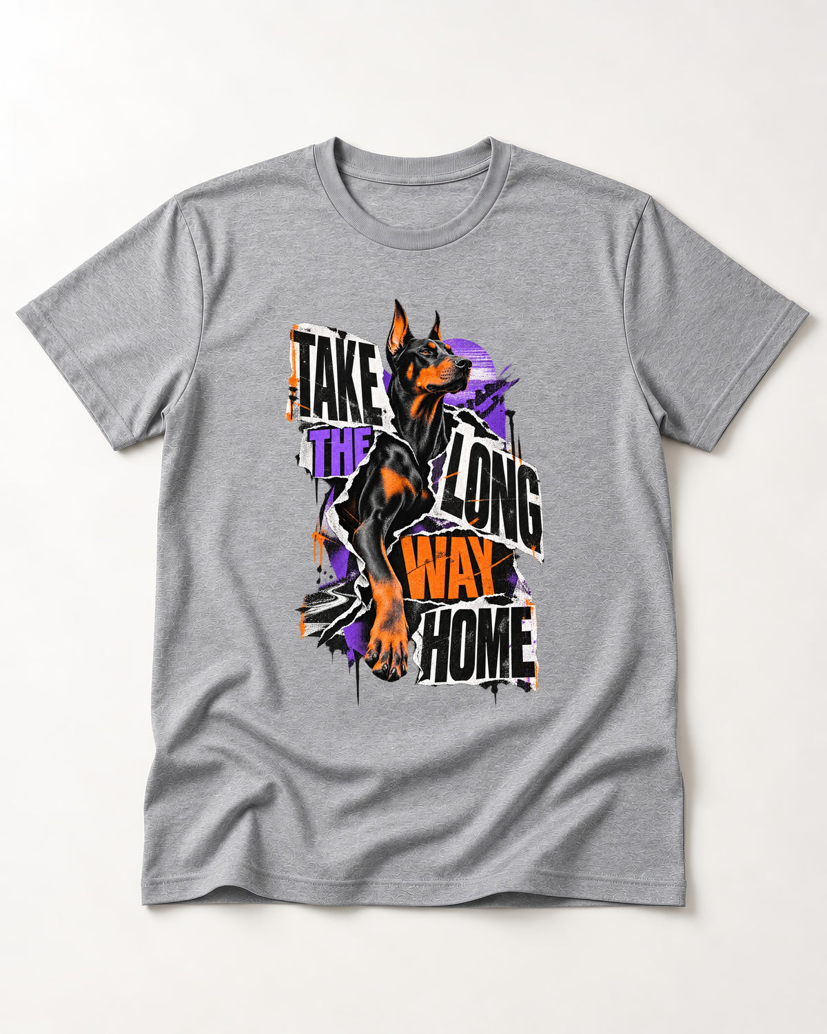 Doberman Long Way Home T-Shirt in Sport Grey, flat lay product photo