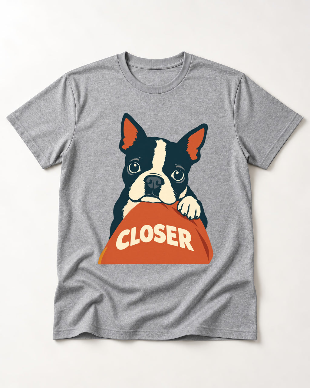 Come Closer Boston Terrier T-Shirt in Sport Grey, flat lay product photo