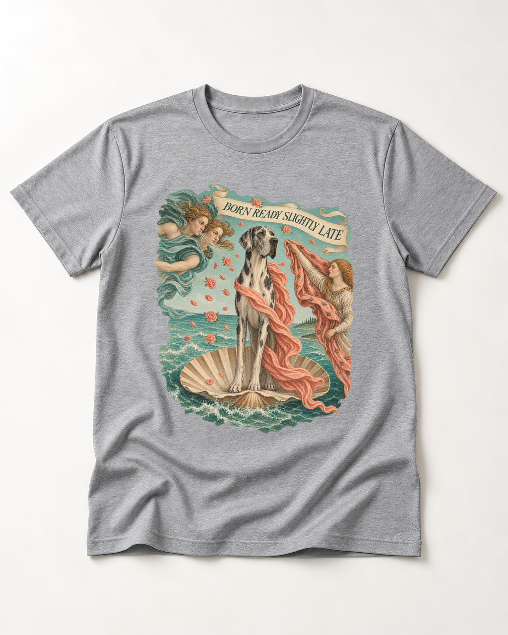 Great Dane Born Ready Slightly Late T-Shirt in Sport Grey, flat lay product photo
