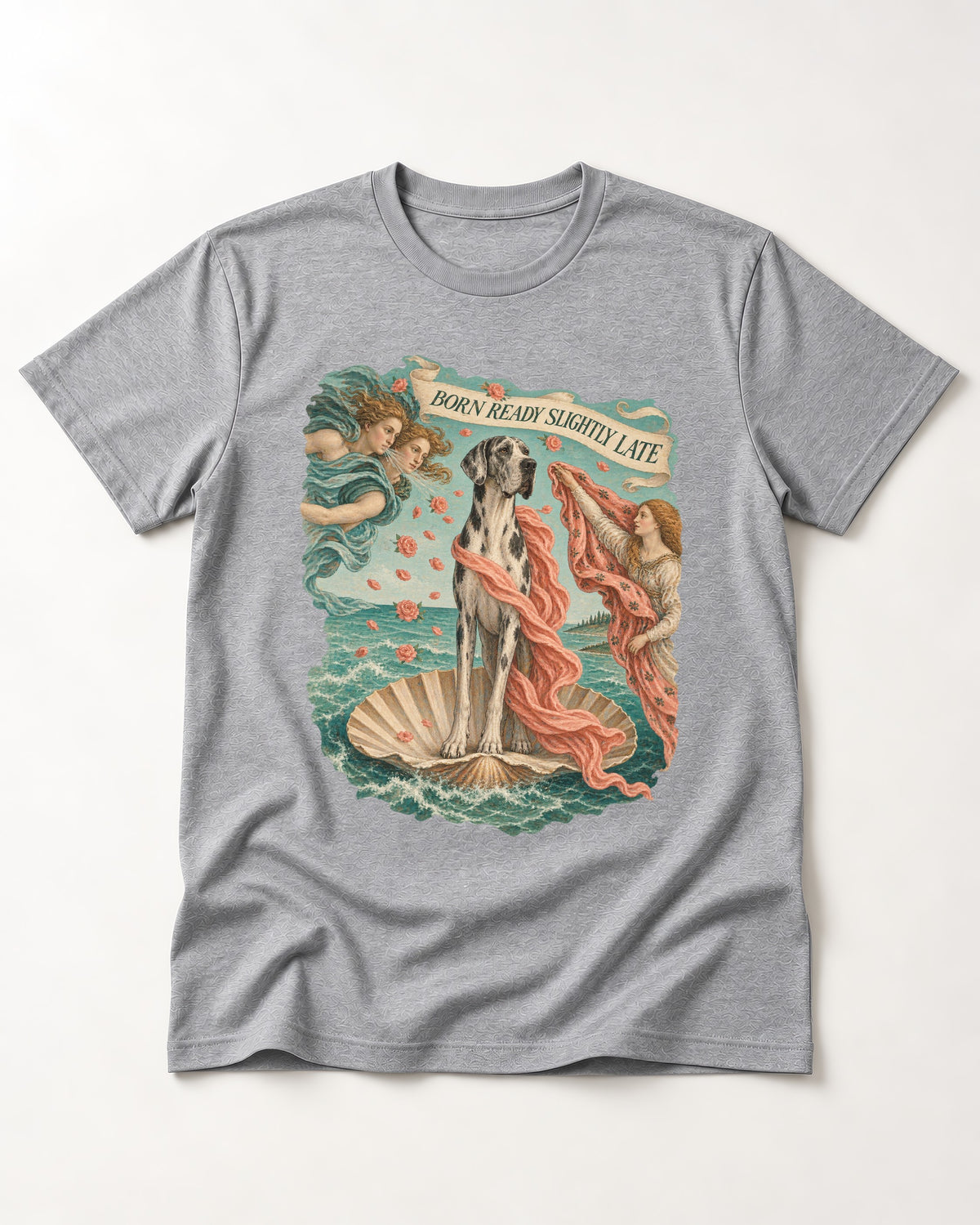 Great Dane Born Ready Slightly Late T-Shirt in Sport Grey, flat lay product photo