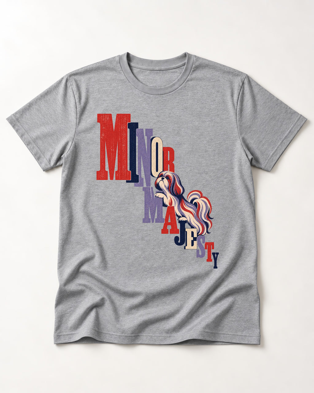 Shih Tzu Minor Majesty T-Shirt in Sport Grey, flat lay product photo