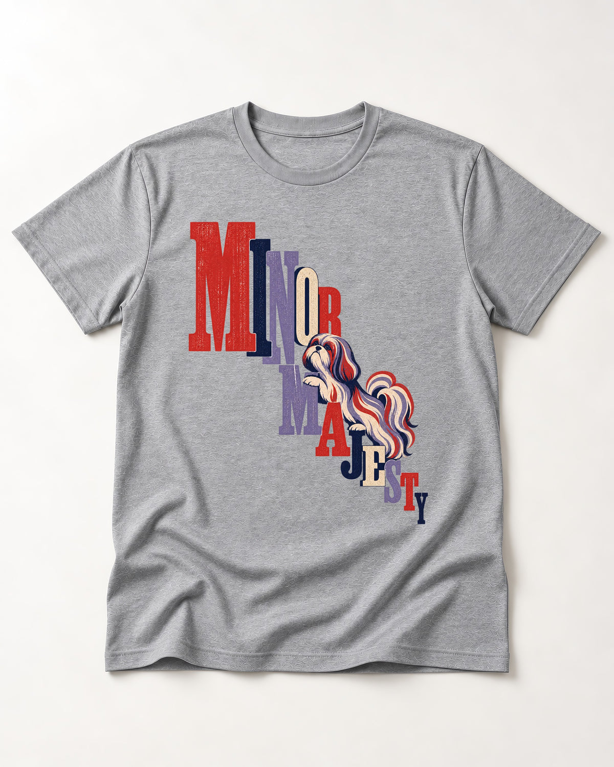 Shih Tzu Minor Majesty T-Shirt in Sport Grey, flat lay product photo