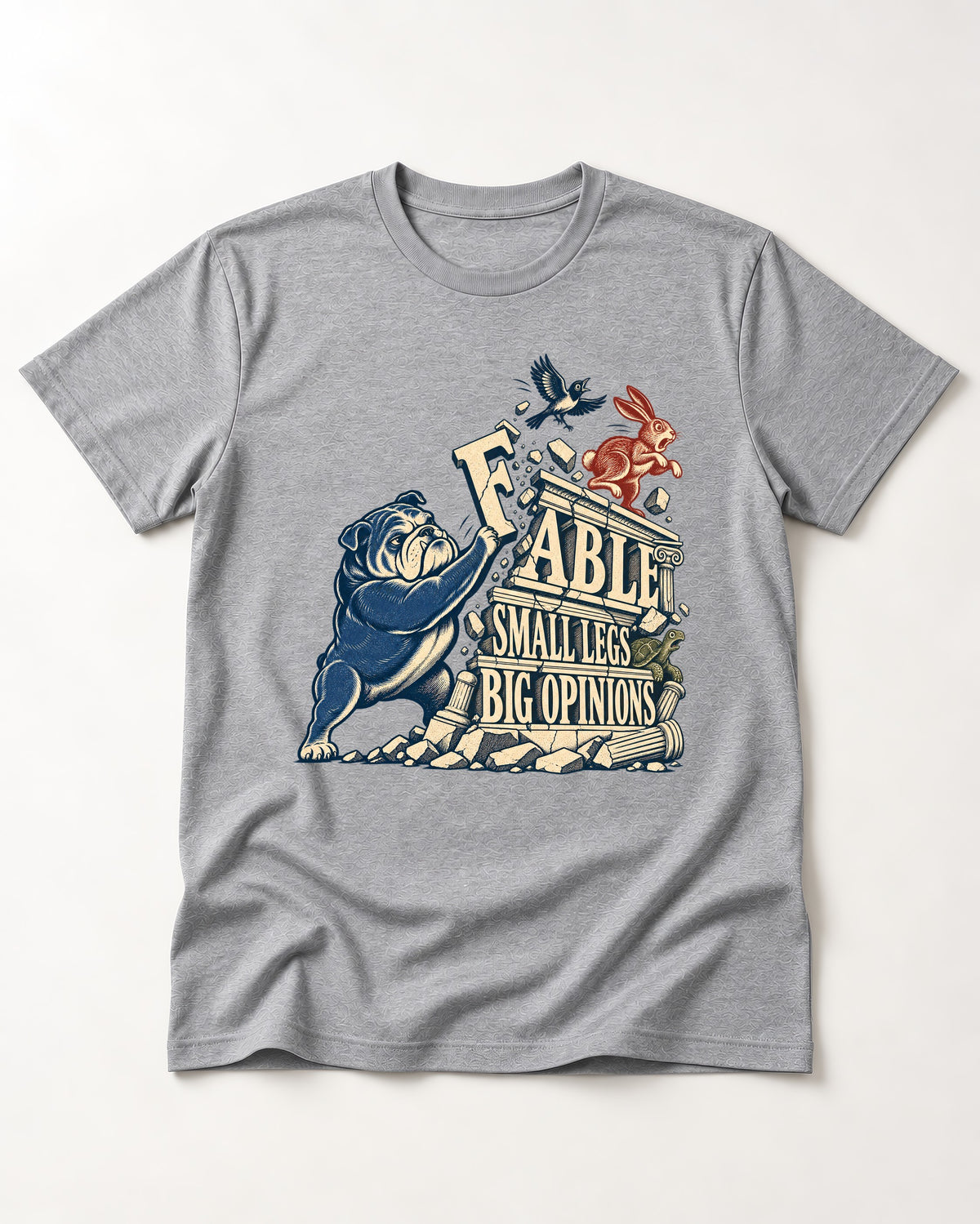 Small Legs Big Opinions English Bulldog T-Shirt in Sport Grey, flat lay product photo