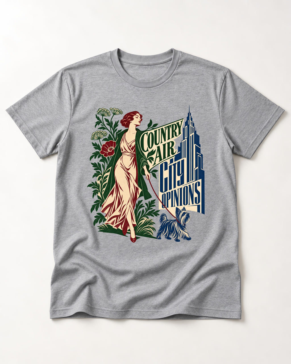 Yorkshire Terrier Country Air City Opinions Botanical Graphic T-Shirt in Sport Grey, flat lay product photo