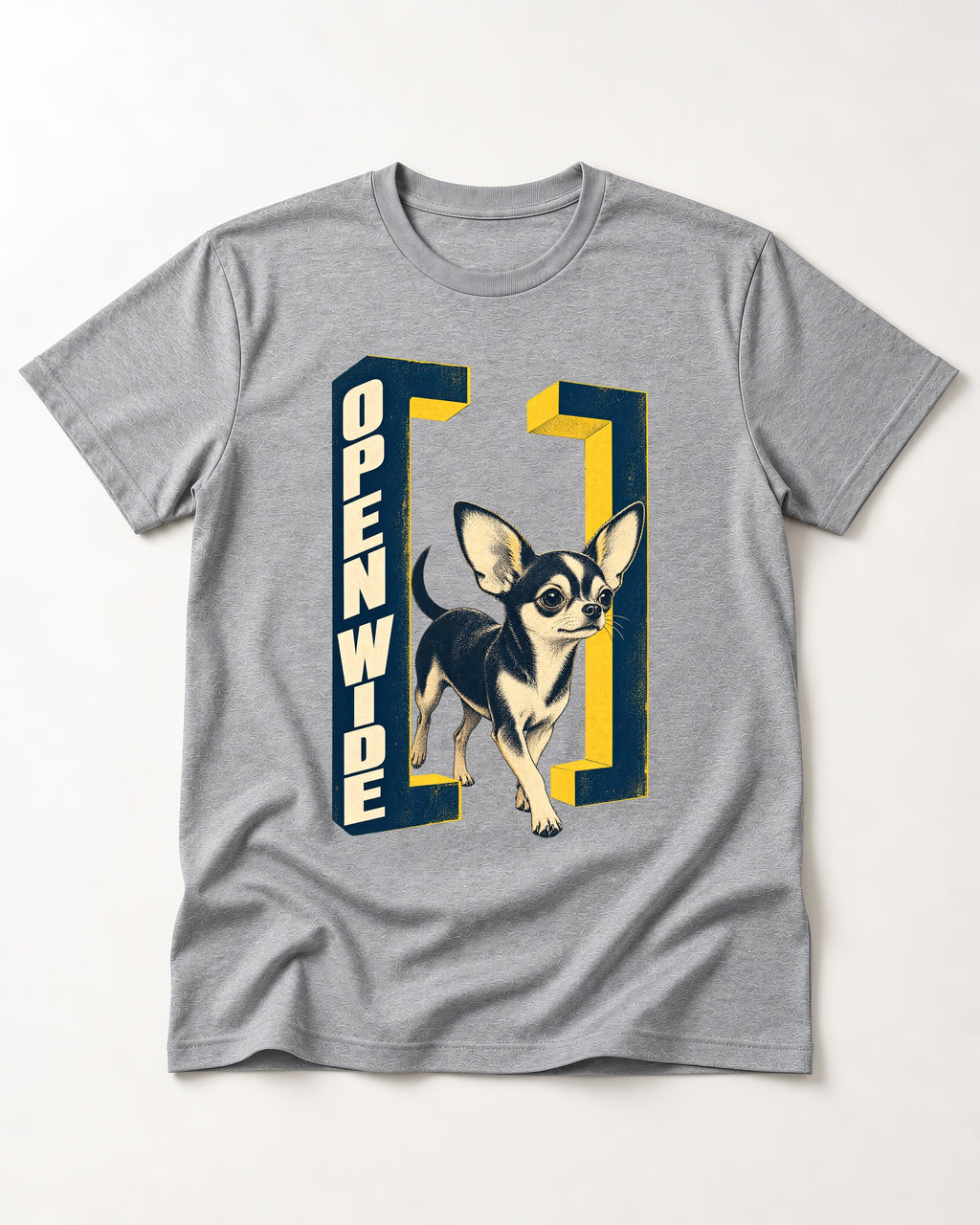 Open Wide Chihuahua T-Shirt in Sport Grey, flat lay product photo