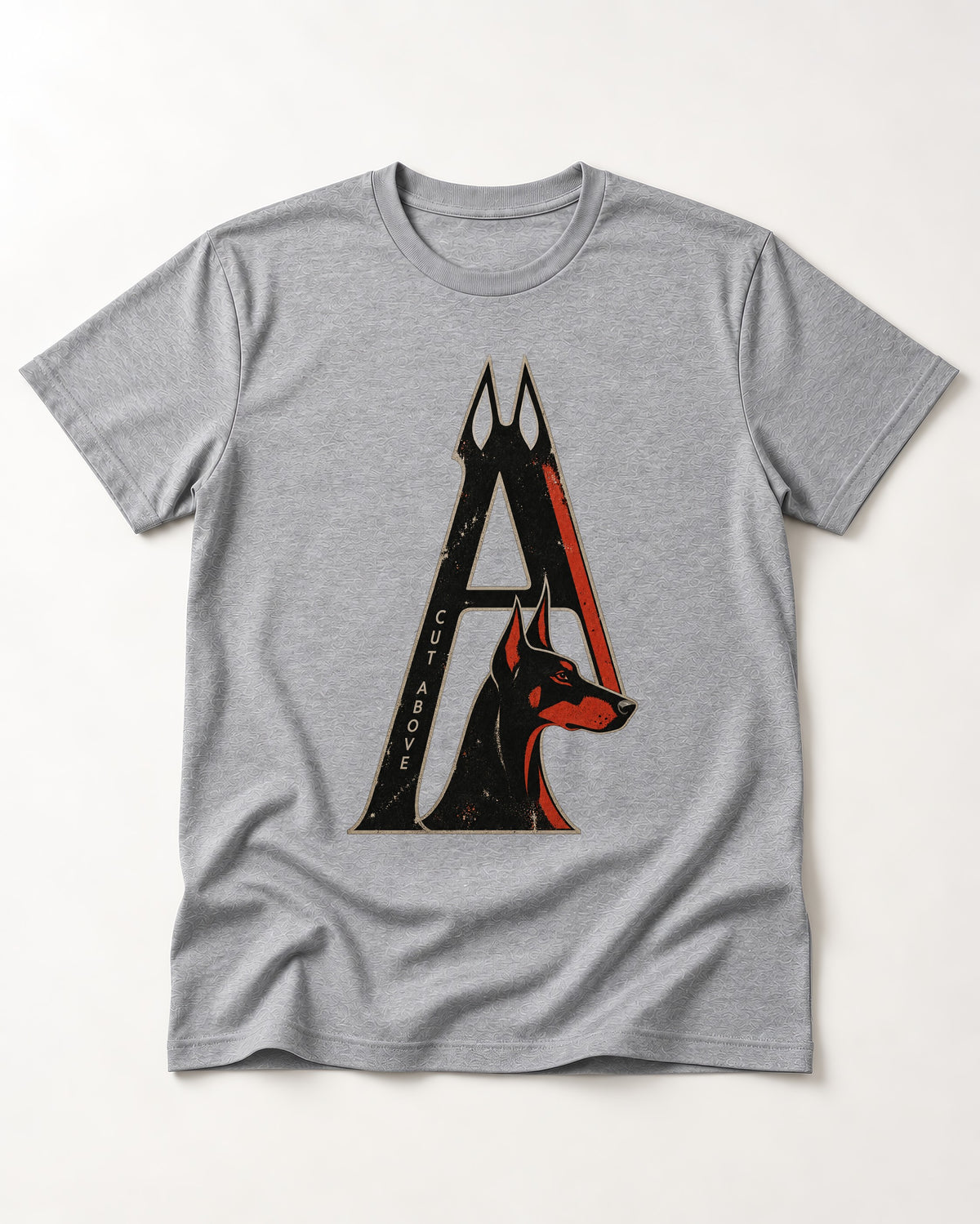 Doberman A Cut Above T-Shirt in Sport Grey, flat lay product photo