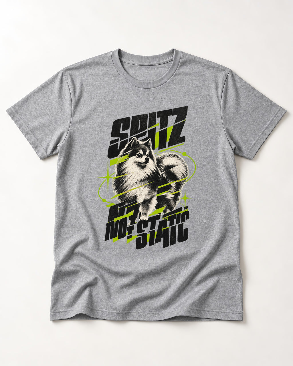 Pomeranian Not Static T-Shirt in Sport Grey, flat lay product photo