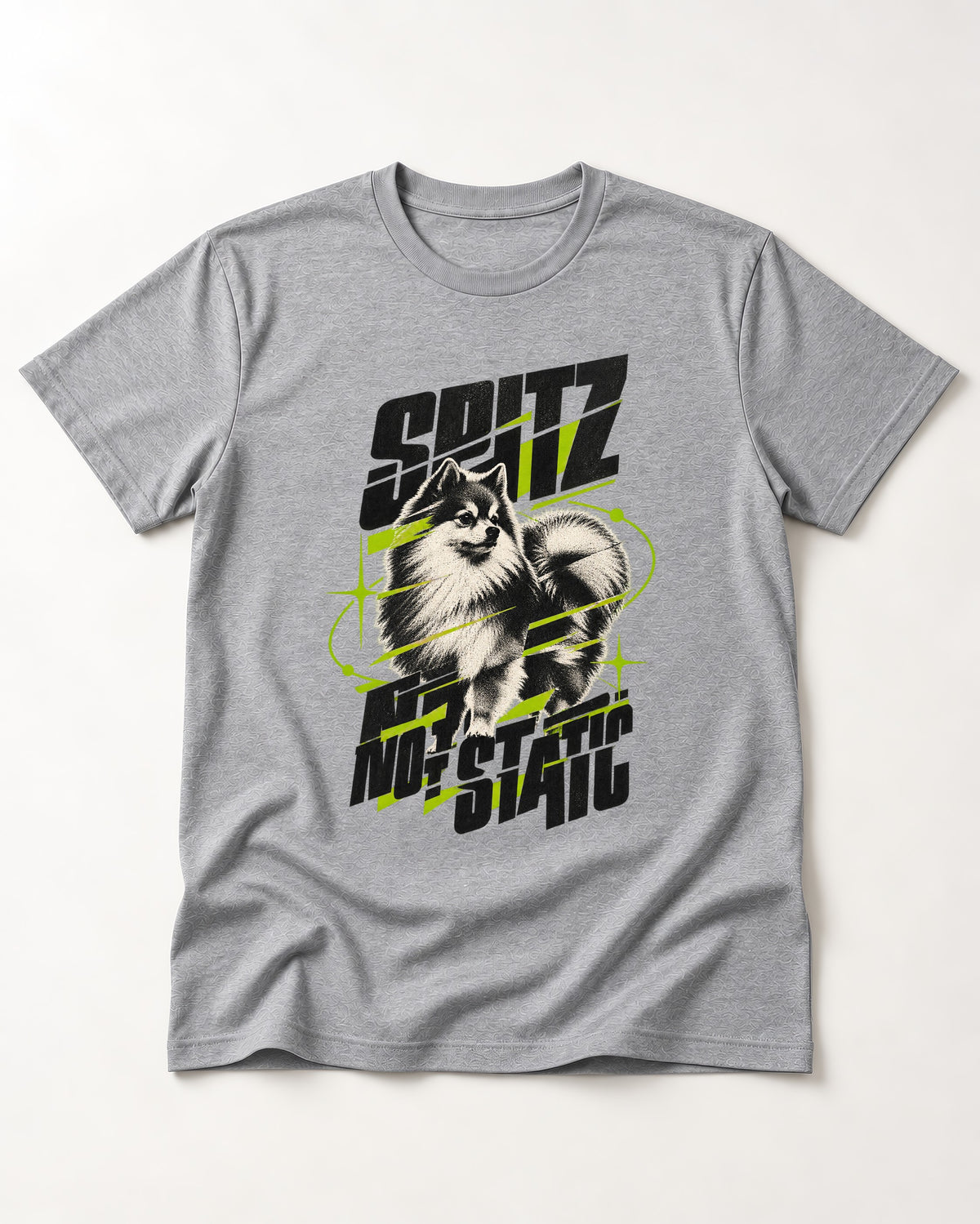 Pomeranian Not Static T-Shirt in Sport Grey, flat lay product photo