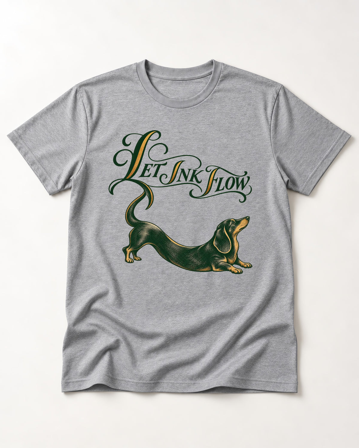 Let the Dachshund Ink Flow T-Shirt in Sport Grey, flat lay product photo
