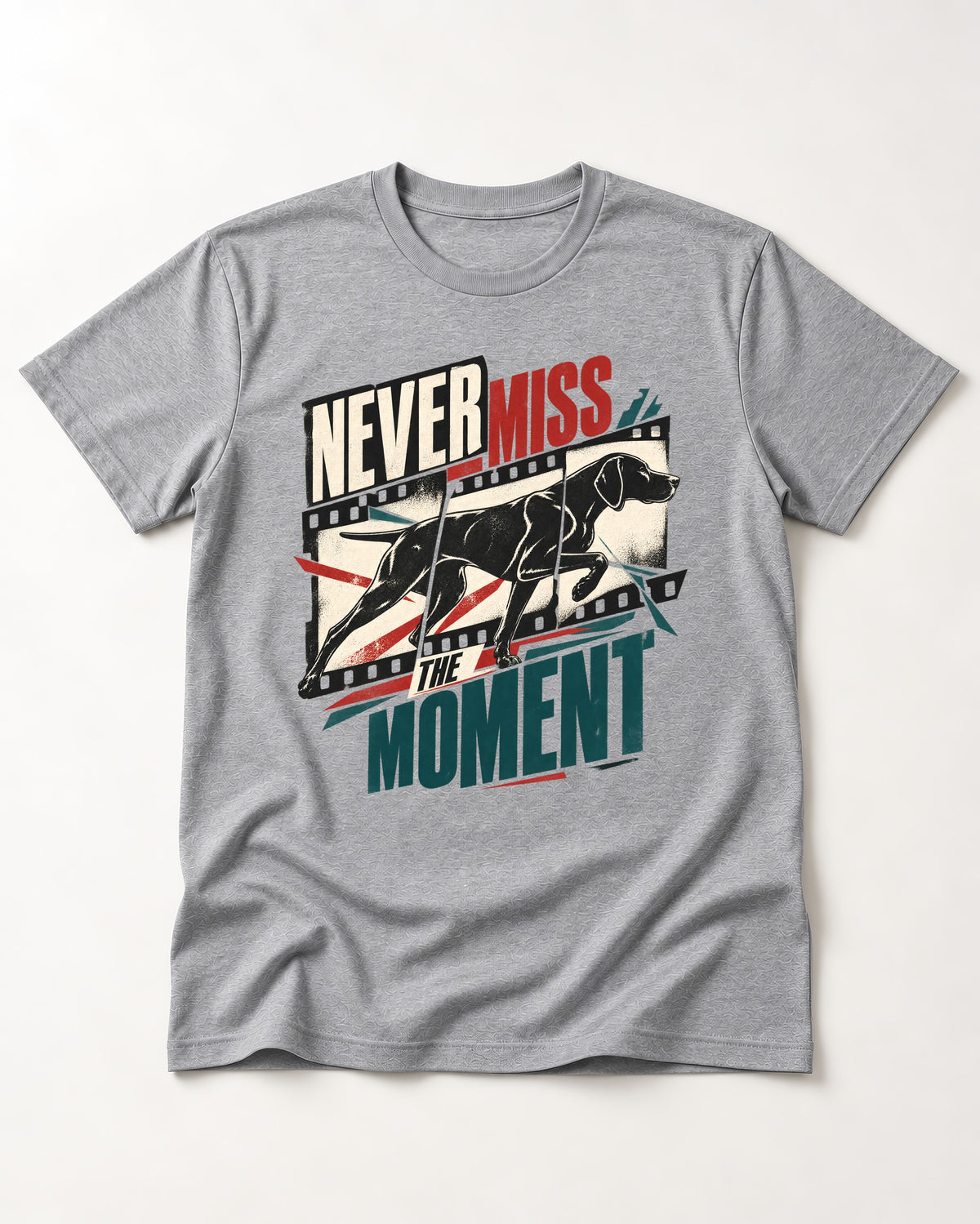 German Shorthaired Pointer Never Miss the Moment Filmstrip Graphic T-Shirt in Sport Grey, flat lay product photo