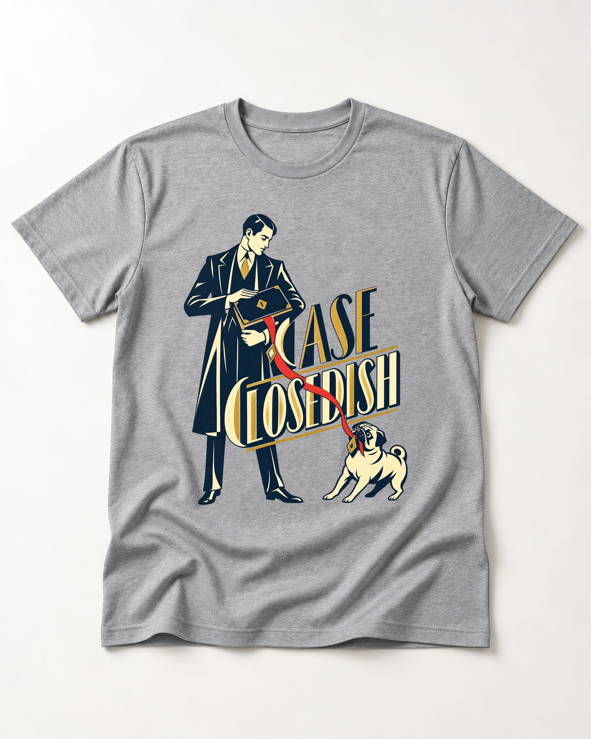 Case Closedish Pug T-Shirt in Sport Grey, flat lay product photo