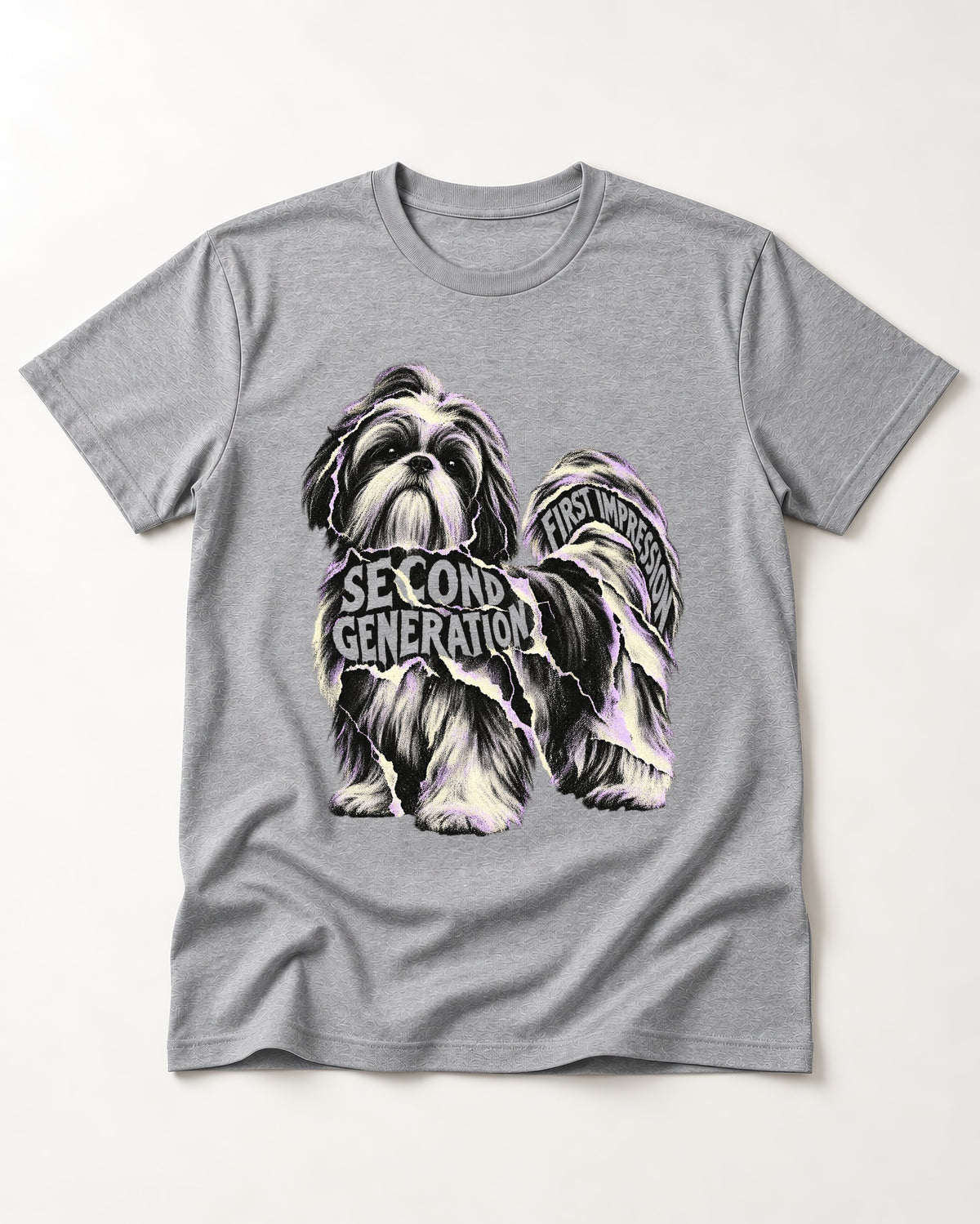 Second Generation Shih Tzu T-Shirt in Sport Grey, flat lay product photo