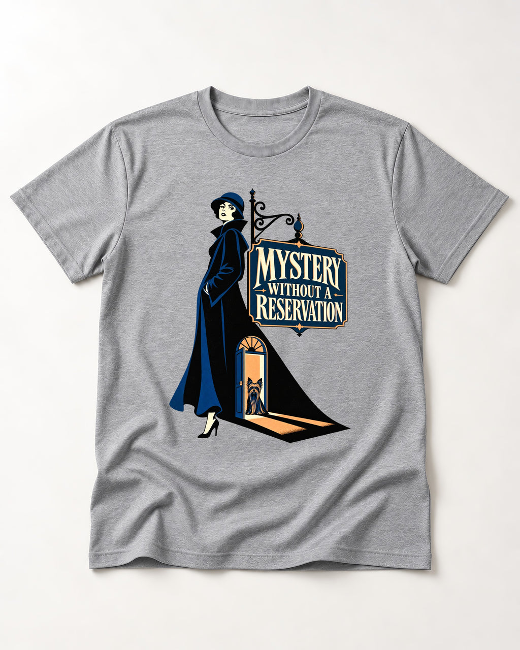 Mystery Without a Reservation Yorkshire Terrier T-Shirt in Sport Grey, flat lay product photo