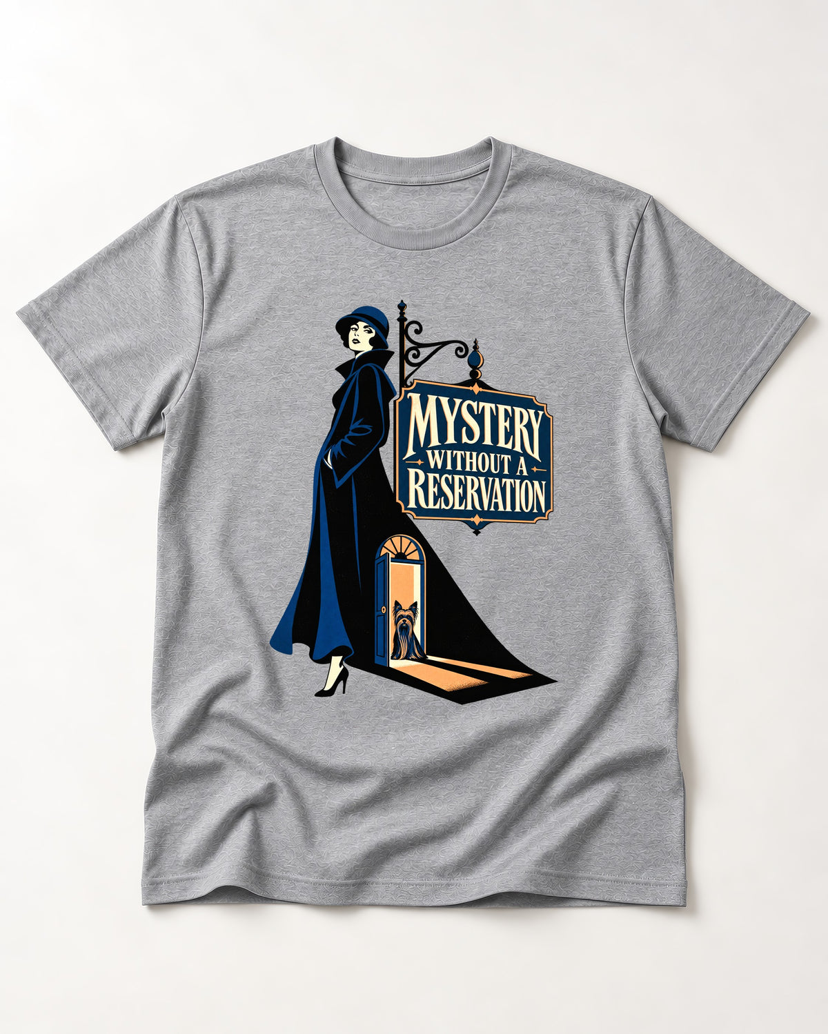 Mystery Without a Reservation Yorkshire Terrier T-Shirt in Sport Grey, flat lay product photo