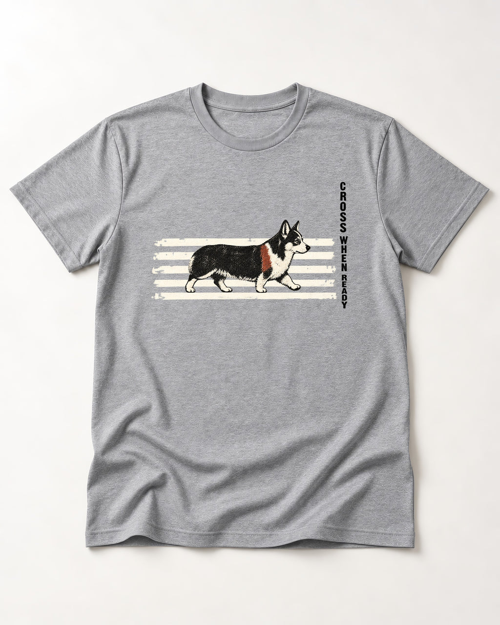 Corgi Cross When Ready Crossing Bars Graphic T-Shirt in Sport Grey, flat lay product photo