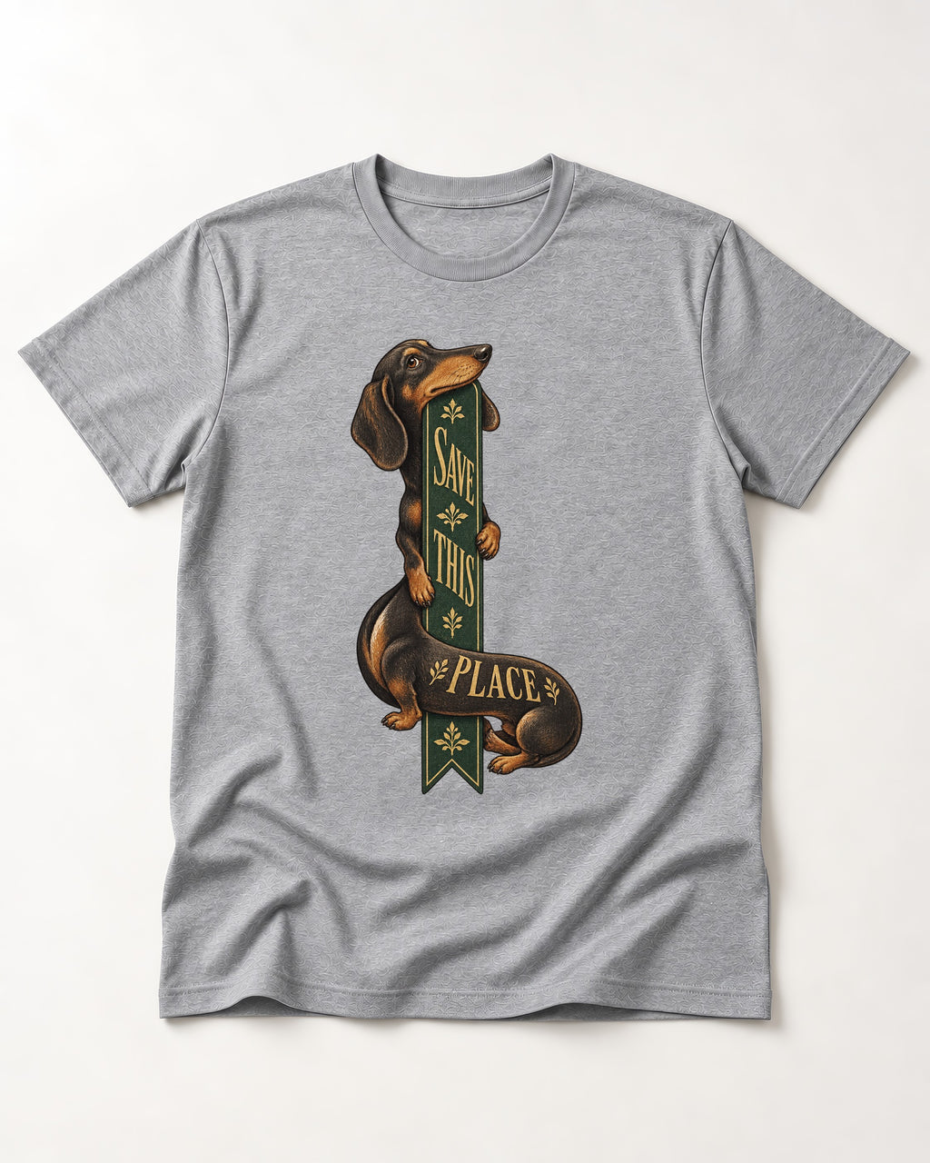 Save This Place Dachshund T-Shirt in Sport Grey, flat lay product photo