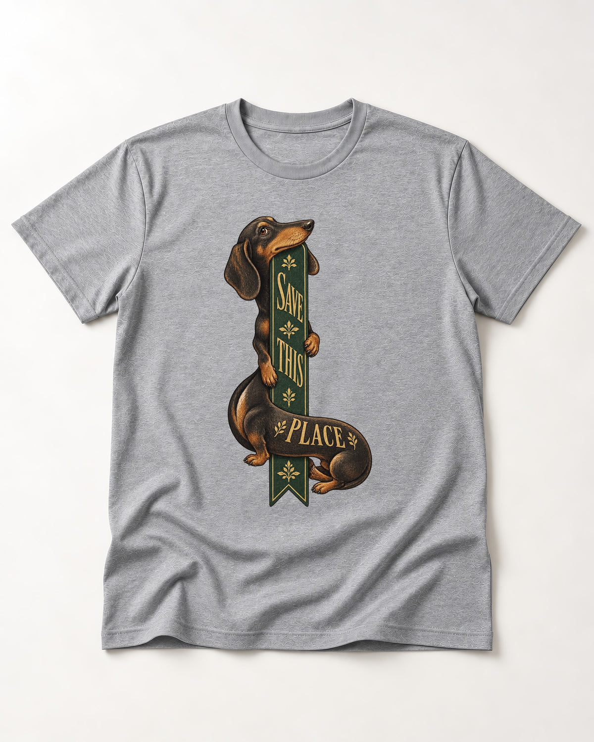 Save This Place Dachshund T-Shirt in Sport Grey, flat lay product photo
