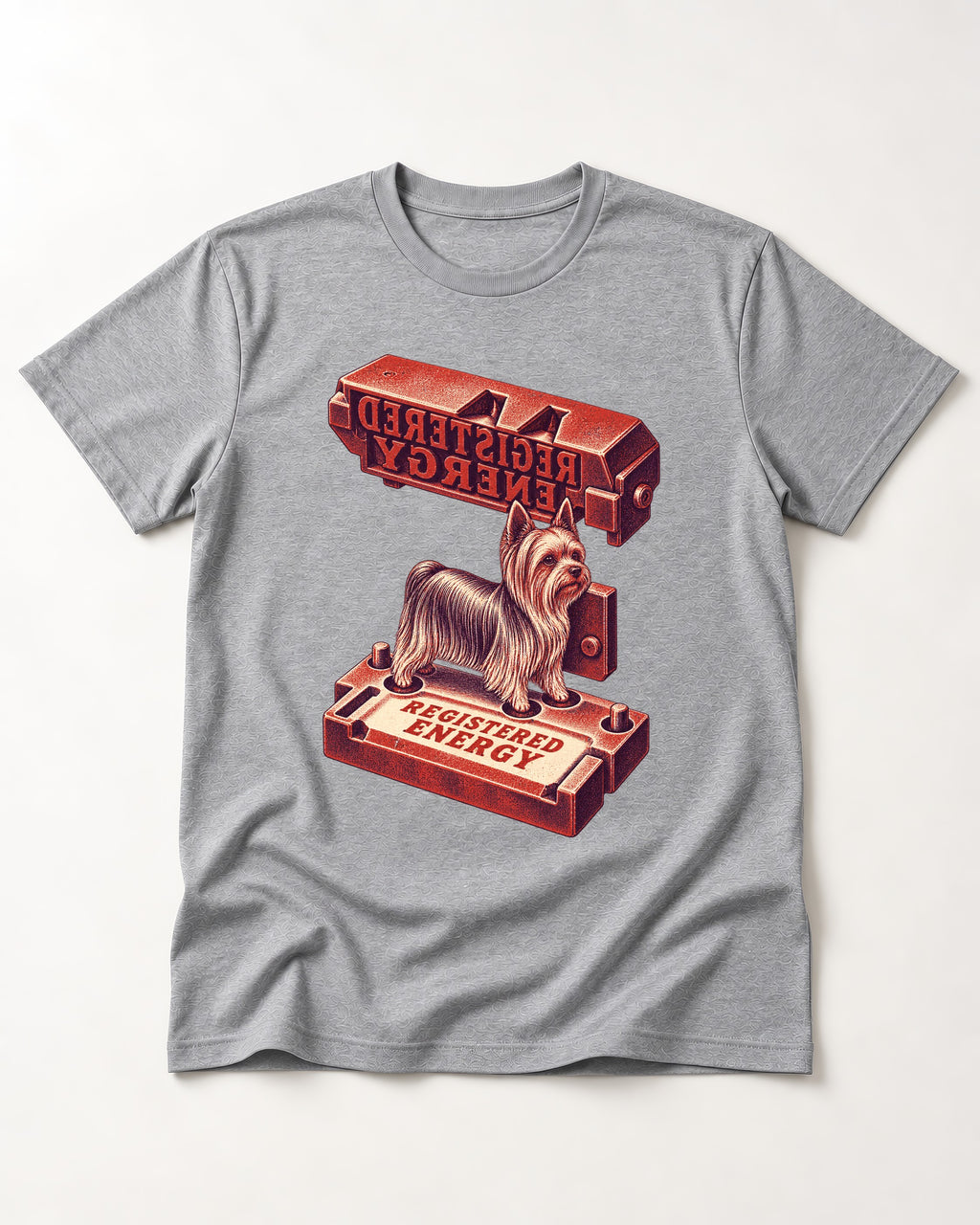 Yorkshire Terrier Registered Energy Stamp Press Graphic T-Shirt in Sport Grey, flat lay product photo