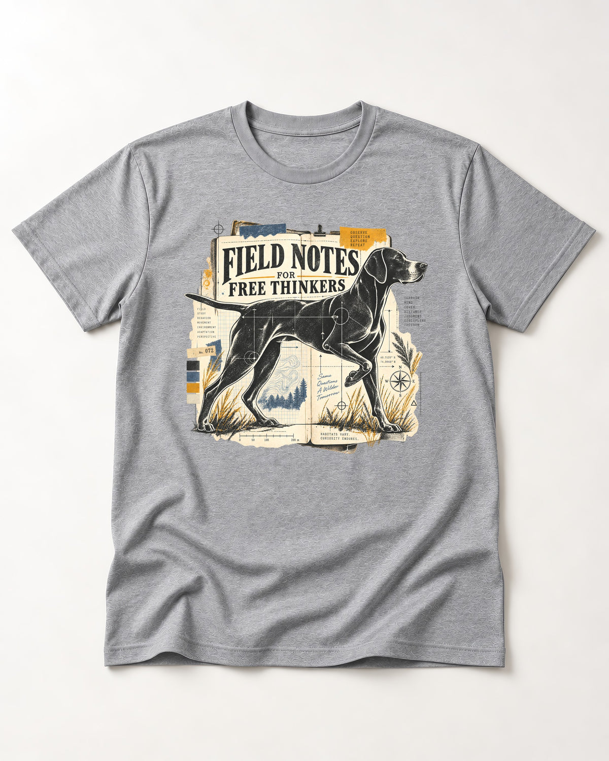Field Notes for Free Thinkers Collage German Shorthaired Pointer Graphic T-Shirt in Sport Grey, flat lay product photo