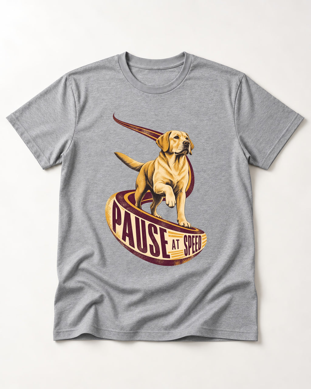 Labrador Retriever Pause at Speed Ribbon Graphic T-Shirt in Sport Grey, flat lay product photo