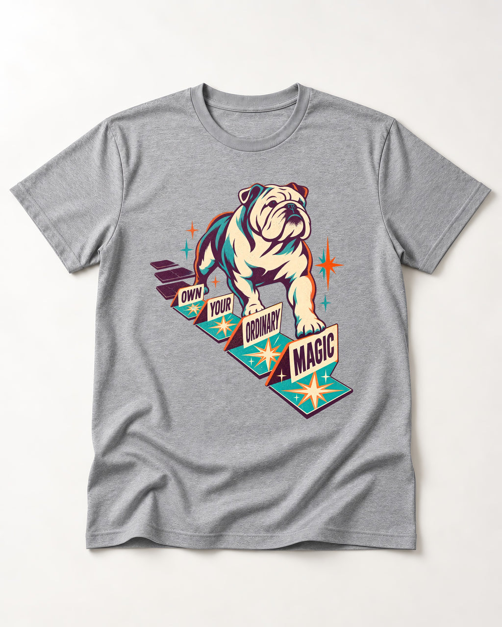 English Bulldog's Ordinary Magic T-Shirt in Sport Grey, flat lay product photo