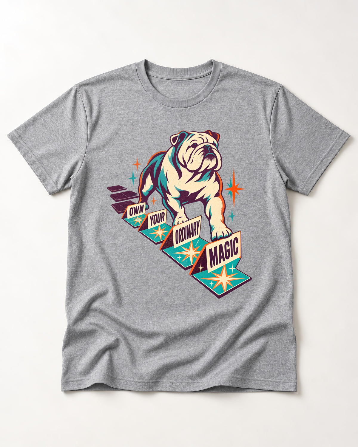 English Bulldog's Ordinary Magic T-Shirt in Sport Grey, flat lay product photo