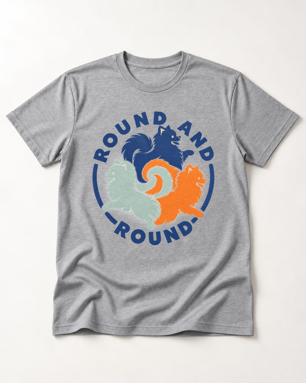 Pomeranian Round and Round T-Shirt in Sport Grey, flat lay product photo