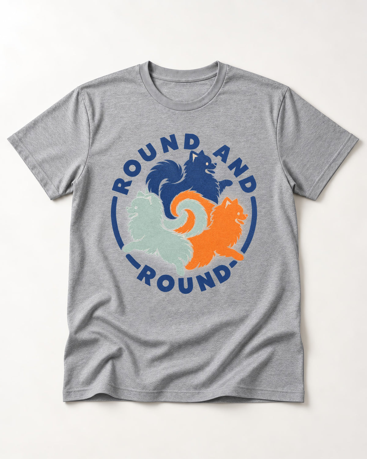 Pomeranian Round and Round T-Shirt in Sport Grey, flat lay product photo