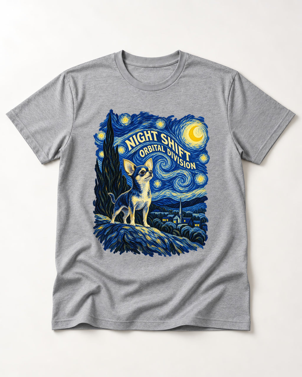 Chihuahua Night Shift Orbital Division Starry Night Graphic T-Shirt in Sport Grey, flat lay product photo