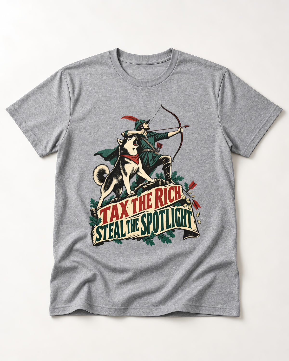 Husky Steals the Spotlight T-Shirt in Sport Grey, flat lay product photo