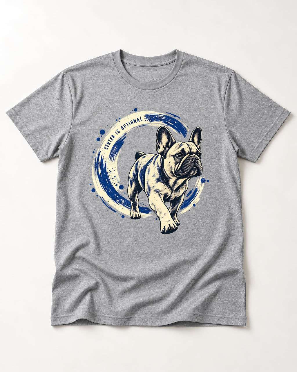 Frenchie Center Is Optional Brush Circle Graphic T-Shirt in Sport Grey, flat lay product photo
