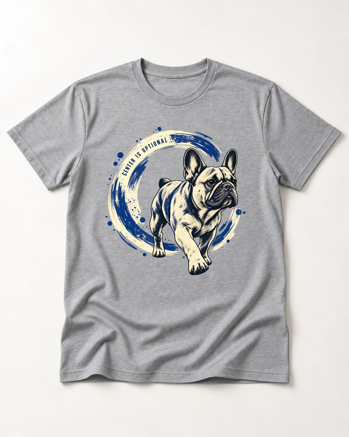 Frenchie Center Is Optional Brush Circle Graphic T-Shirt in Sport Grey, flat lay product photo