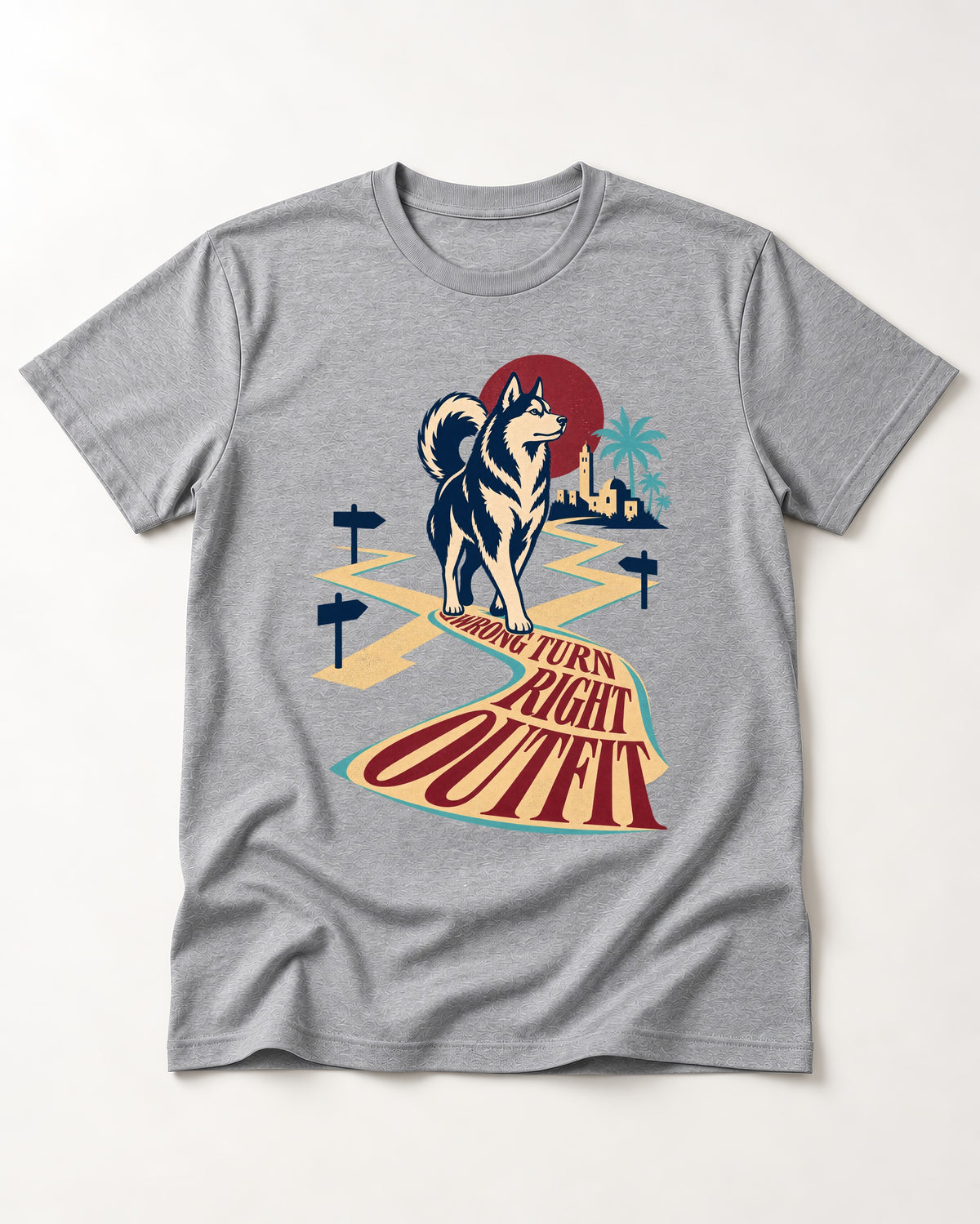 Wrong Turn Right Outfit Husky T-Shirt in Sport Grey, flat lay product photo