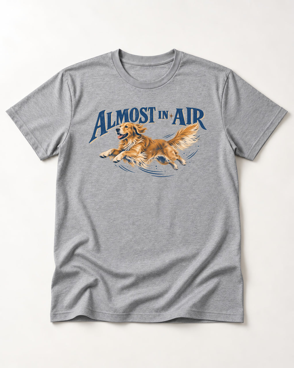 Golden Retriever Almost in Air Flying Graphic T-Shirt in Sport Grey, flat lay product photo