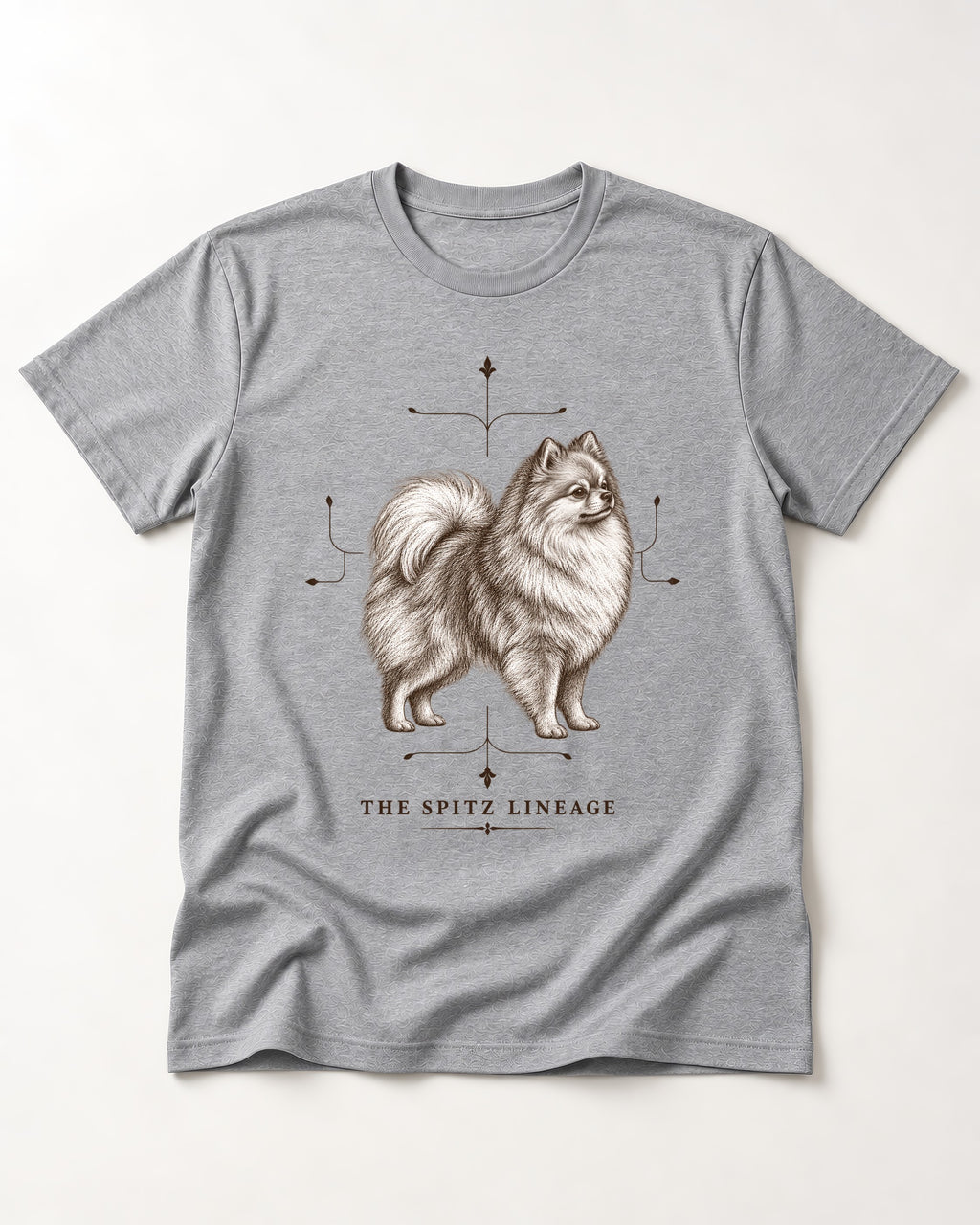Pomeranian Spitz Lineage T-Shirt in Sport Grey, flat lay product photo