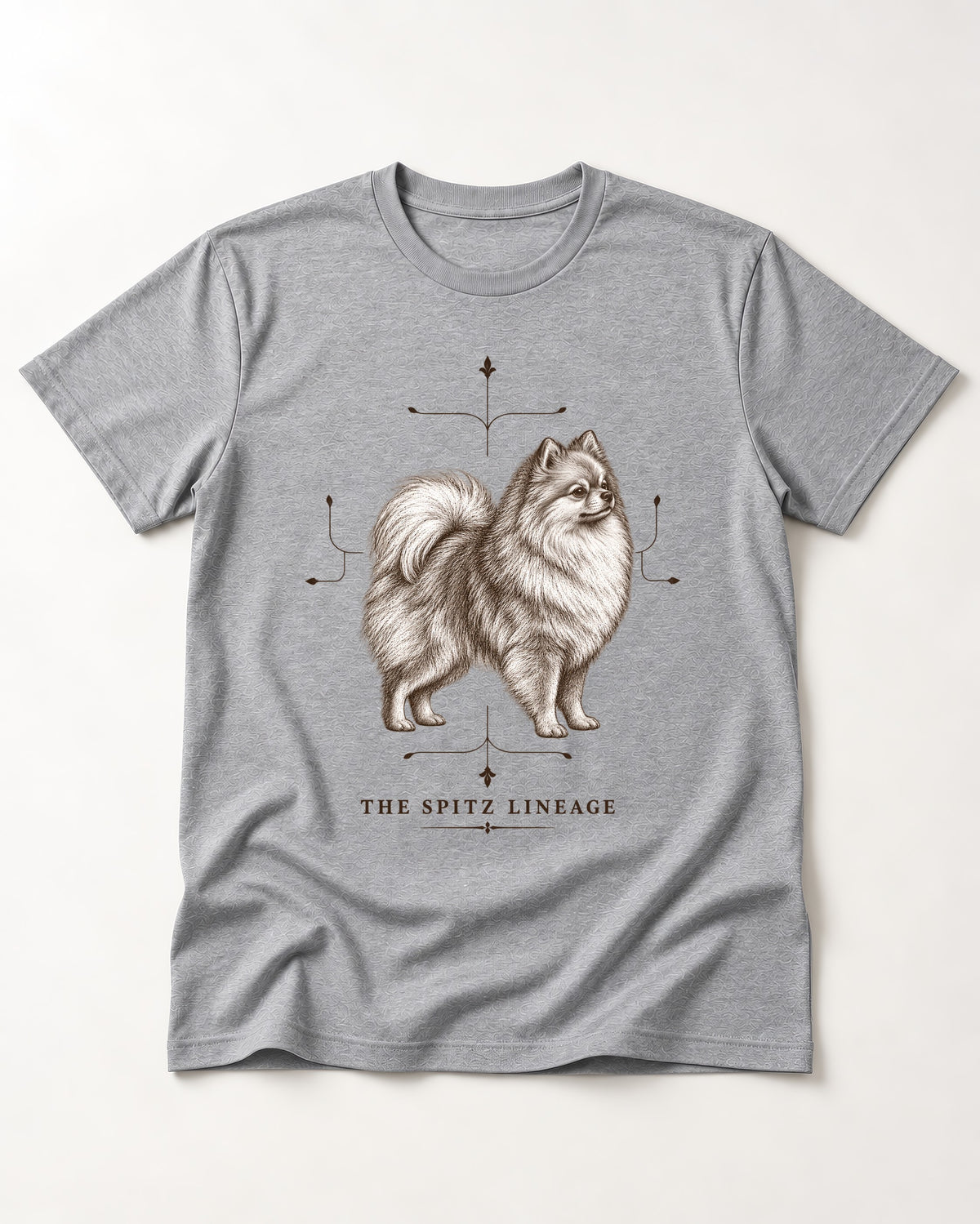 Pomeranian Spitz Lineage T-Shirt in Sport Grey, flat lay product photo