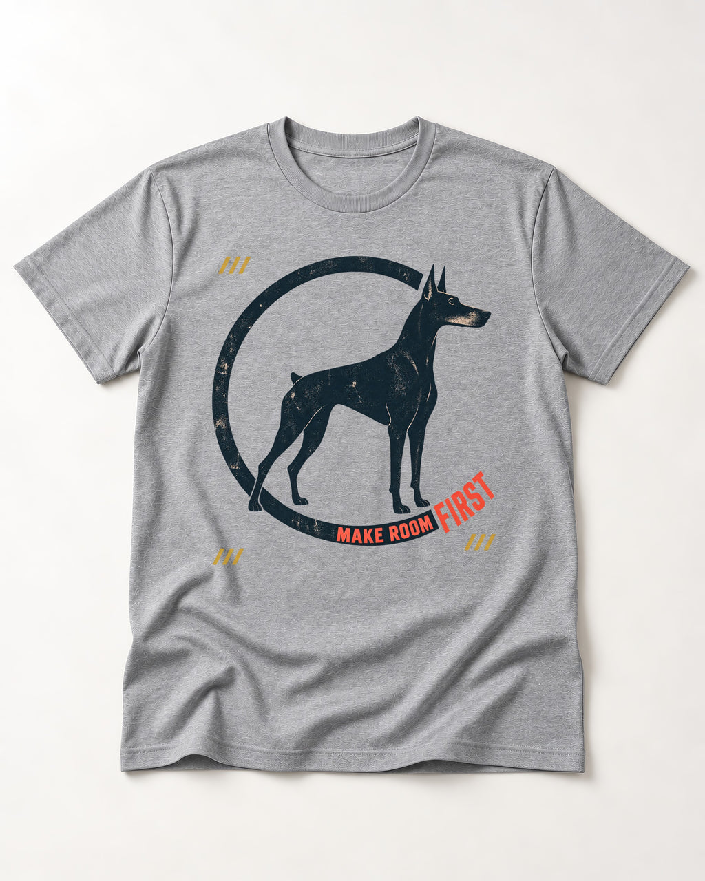 Make Room First Doberman T-Shirt in Sport Grey, flat lay product photo