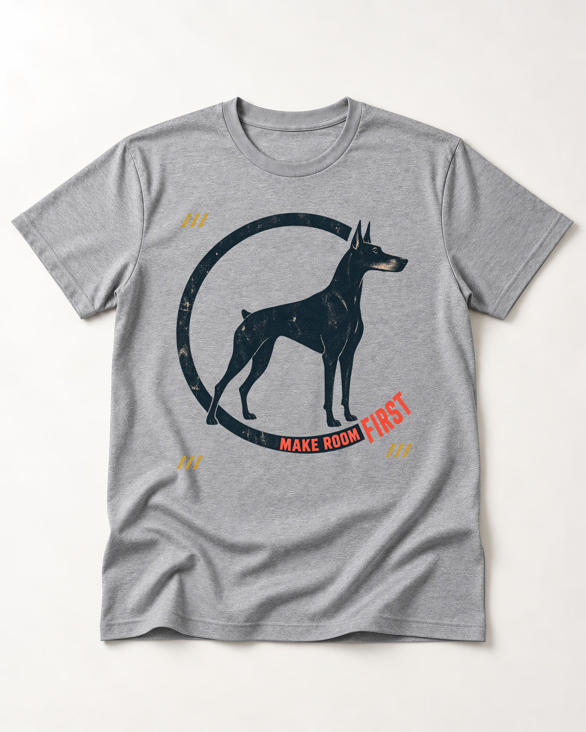 Make Room First Doberman T-Shirt in Sport Grey, flat lay product photo