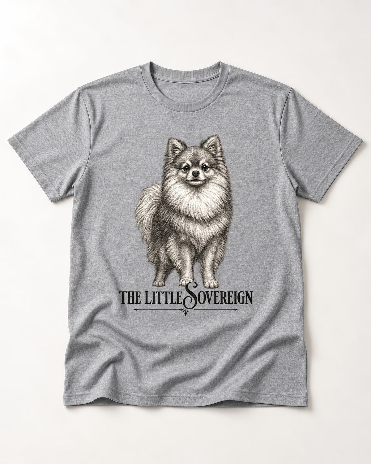 The Little Sovereign Pomeranian T-Shirt in Sport Grey, flat lay product photo