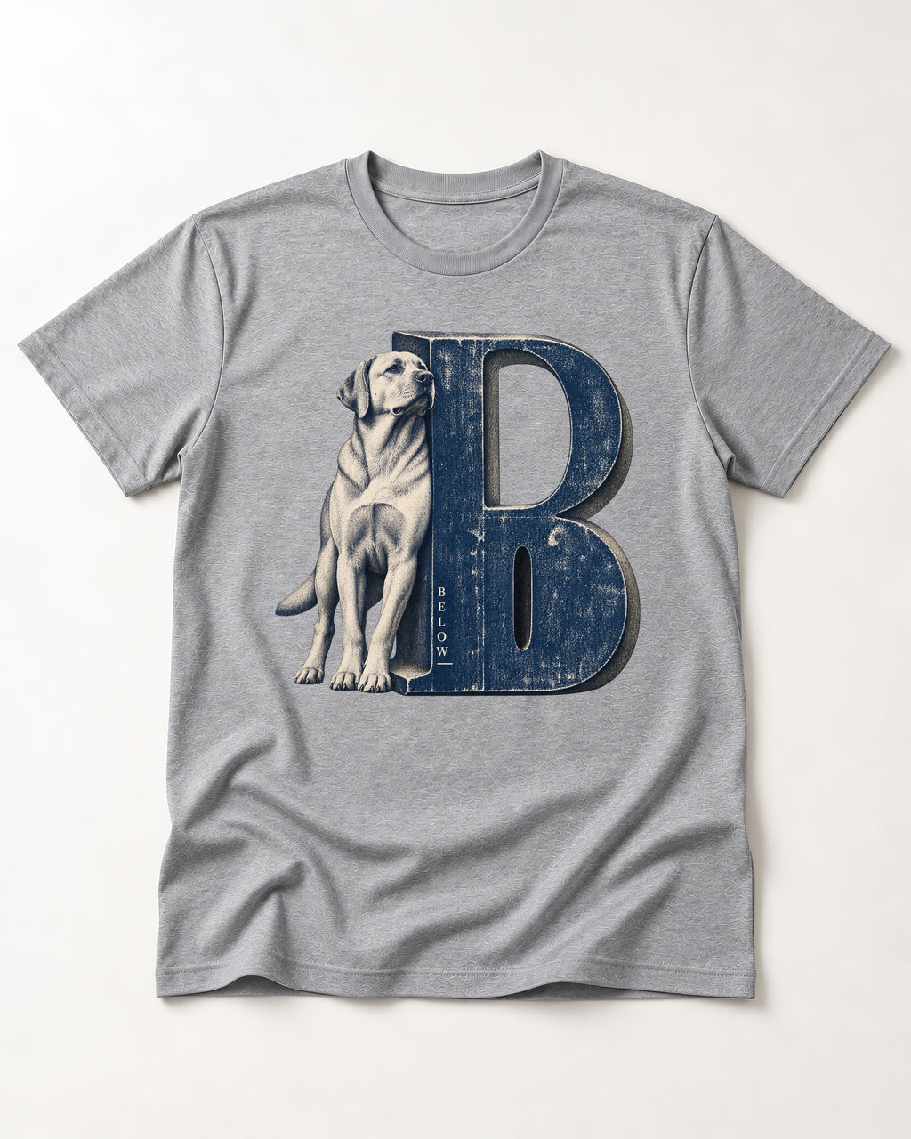 Labrador Retriever Below T-Shirt in Sport Grey, flat lay product photo