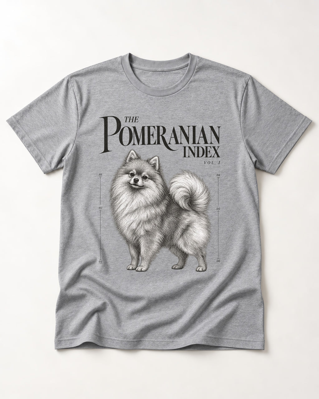 The Pomeranian Index T-Shirt in Sport Grey, flat lay product photo