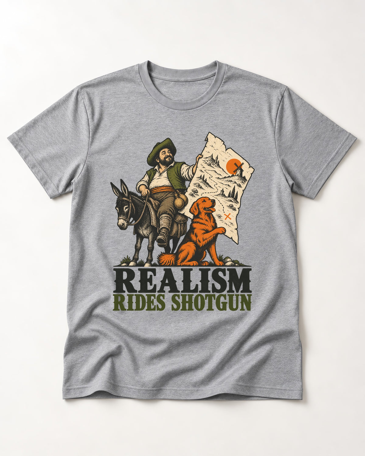 Realism Rides Shotgun with Golden Retriever T-Shirt in Sport Grey, flat lay product photo