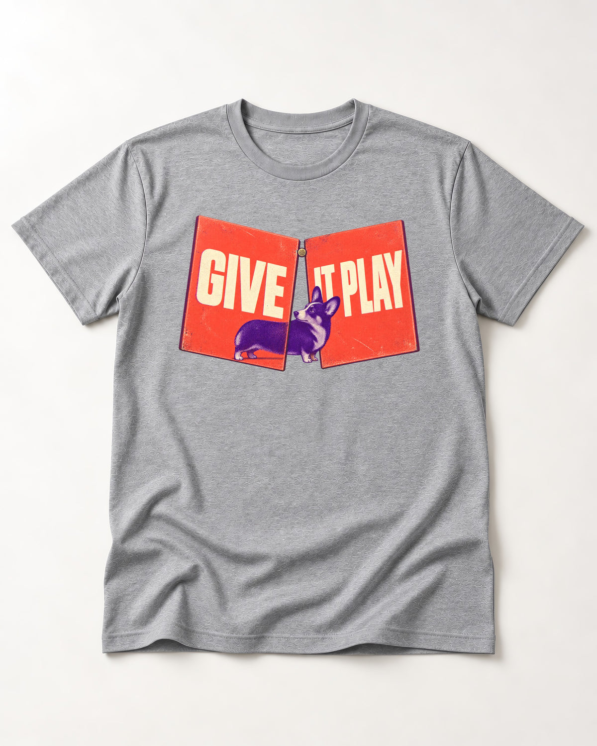 Corgi Give It Play Folding Panels T-Shirt in Sport Grey, flat lay product photo