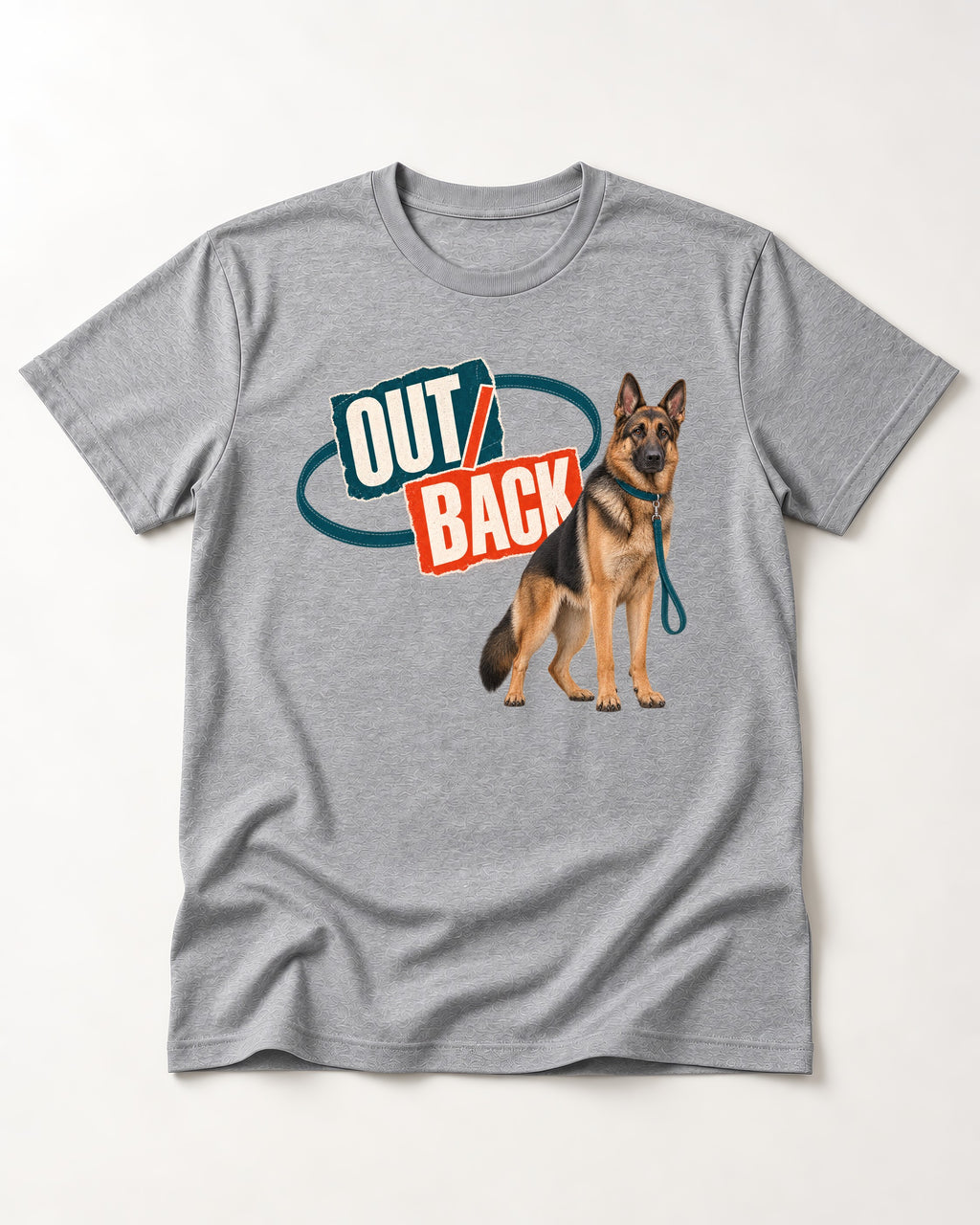 Out Back Leash German Shepherd Dog Graphic T-Shirt in Sport Grey, flat lay product photo